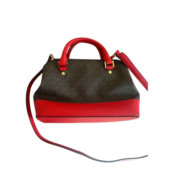 Michael Kors Signature Monogram Dome Satchel Crossbody Bag Red Leather Trim - Picture 2 of 8